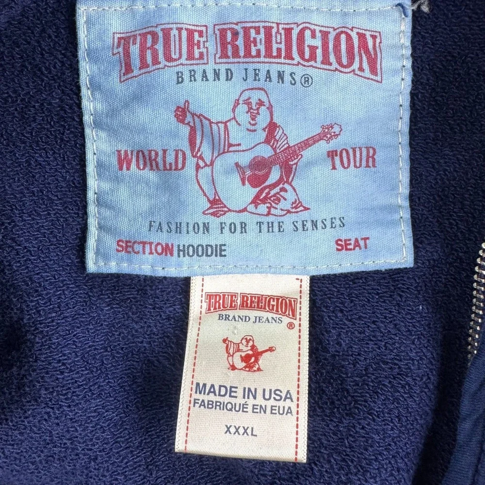 True Religion Hoodie Mens 3XL Graphic Logo Full Zip Love Free Sun Logo Spell USA